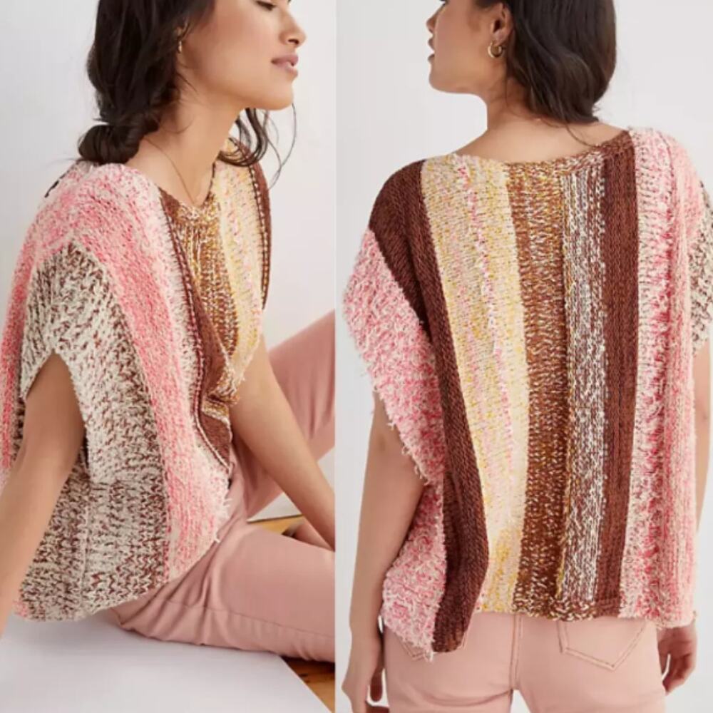 Anthropologie Multicolor Striped Knit Poncho — Pink, Brown, Cream